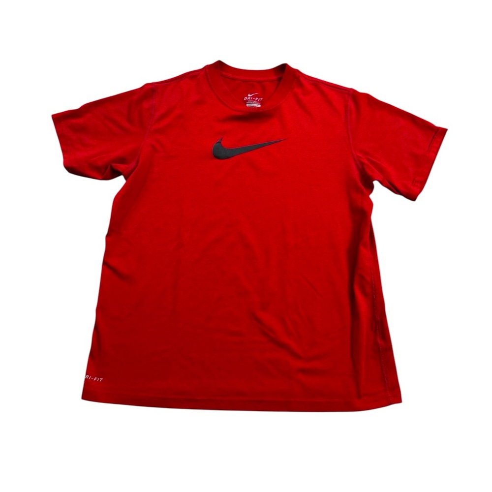 Nike | Boys Dri-Fit Large Kids Red Short Sleeve Tee Black Swoosh Sign Athletic